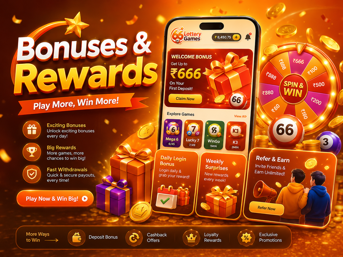 Orange lottery interface with phone screen and wheel graphic