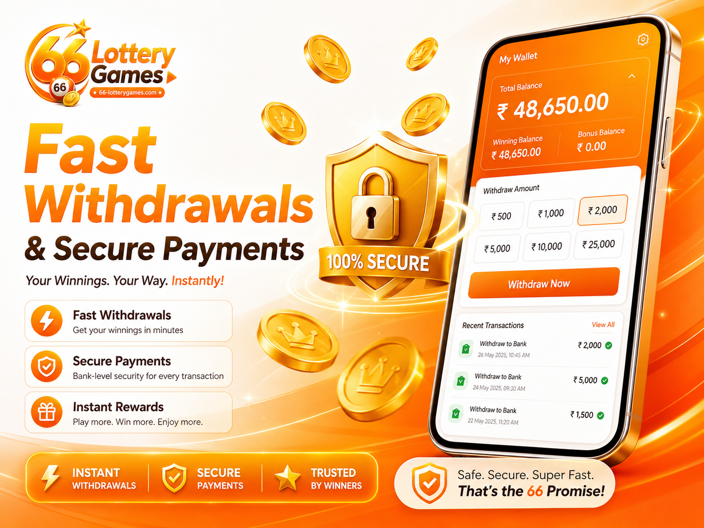 Orange mobile game safety graphic with shield and coins